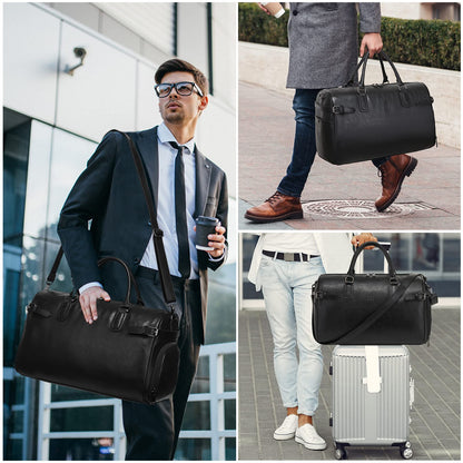 Vegan Leather Duffle Bag, LXY Travel Duffle Weekender Bag with Shoe Compartment, Duffel Overnight Gym Bags for Women Men Black