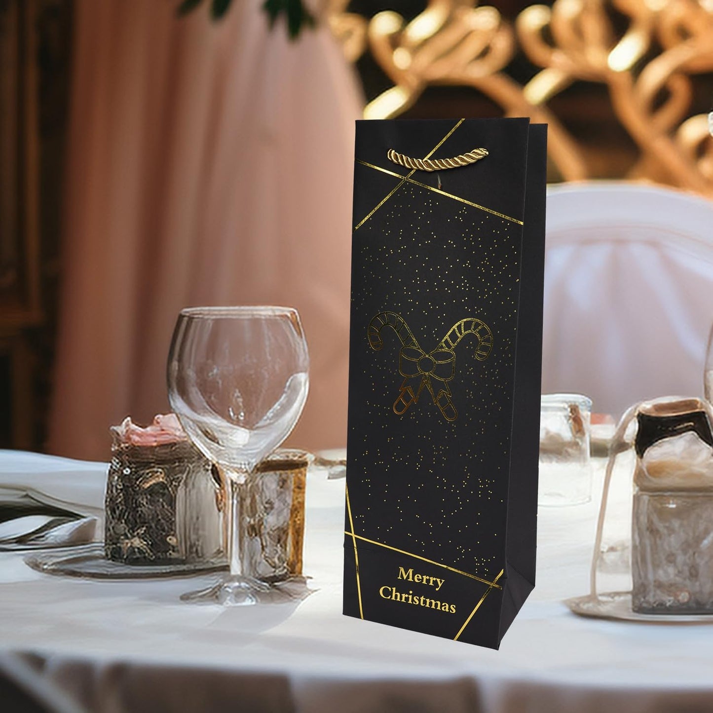 Uptotop Christmas Bottle Bags, 12 Pack Gold Foil Christmas Wine Gift Bags, Xmas Kraft Paper Bags with Rope Handles for Holiday Party Gift Giving