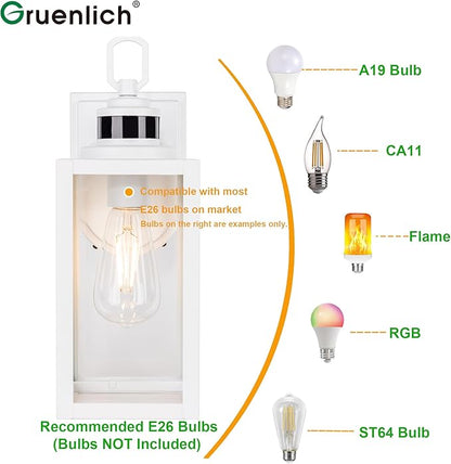 GRUENLICH Dusk to Dawn Outdoor Wall Lantern, PIR Motion Sensor Wall Sconce, E26 Base Max 60W, Metal Housing Plus Glass, White Finish, Bulb Not Included, 2-Pack