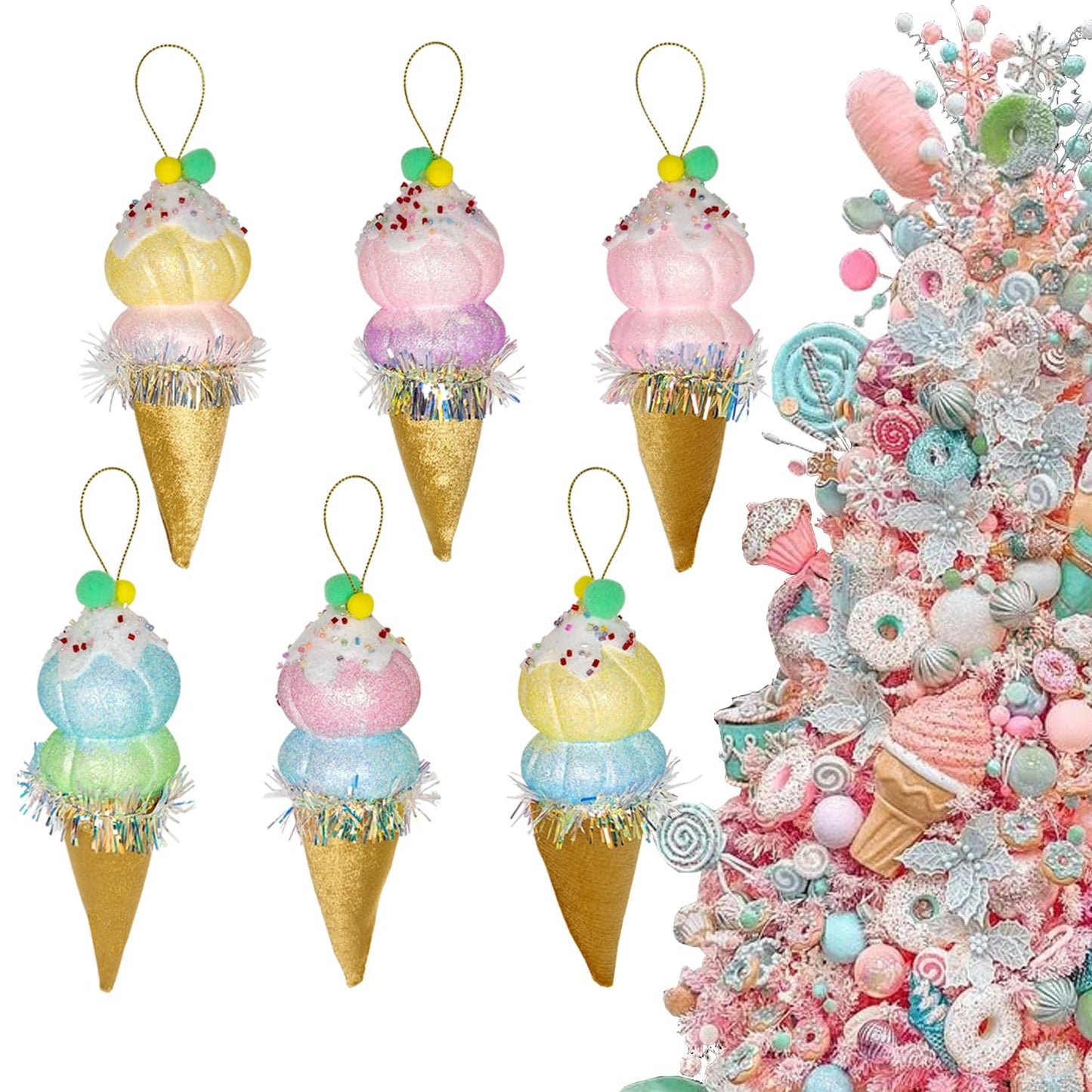 6Pcs 6.3inch Christmas Ice Cream Candy Land Ornaments Decoraion,Hanging Candy Cane Crafts for Xmas Tree Décor,Ideal for Xmas, New Year, Birthdays, Weddings & Home Parties