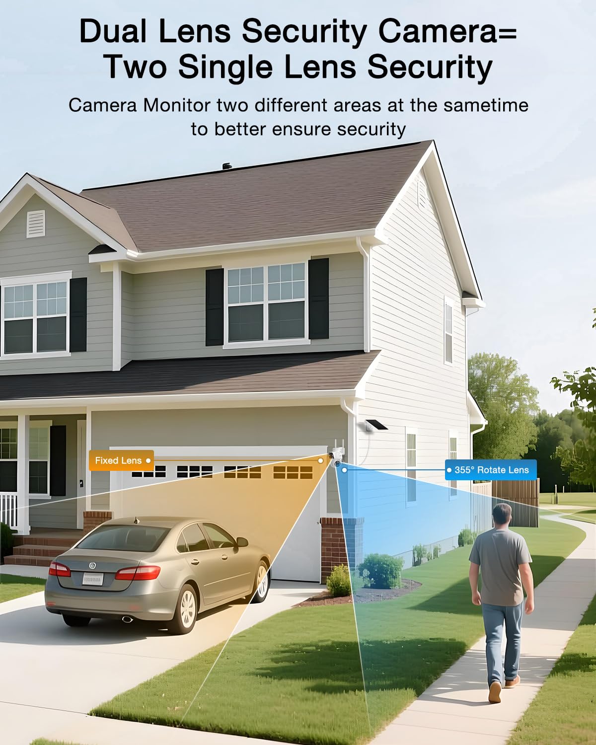 ANRAN Dual-Lens Solar Security Camera, 3MP Wireless Outdoor Camera for Home Security, 100% Wire-Free with Solar Panel, Color Night Vision, Motion Detection, 2.4GHz WiFi, IP66 Weatherproof