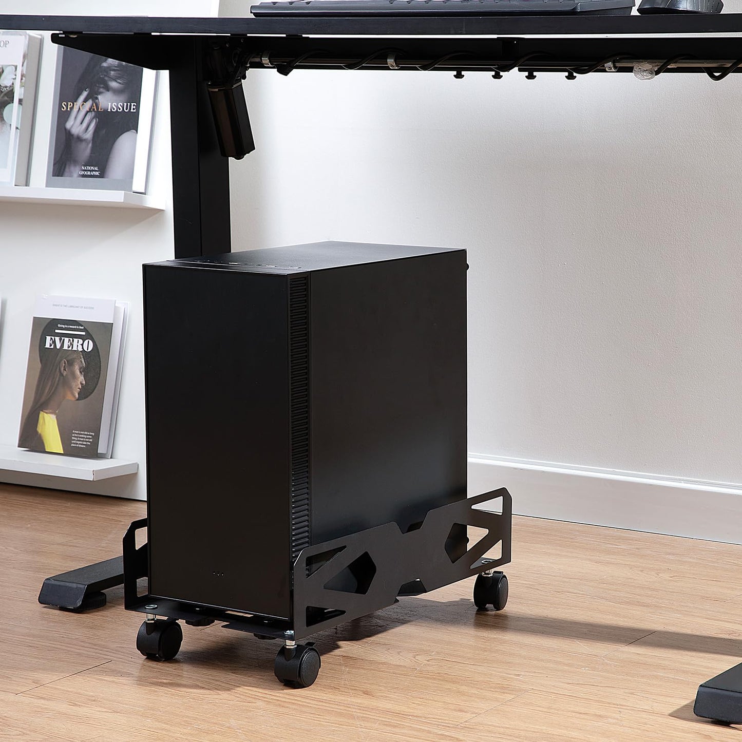 Hovadova Adjustable Computer Tower Stand, Ventilated PC Tower Stand with 4 Caster Wheels,Mobile Under Desk CPU Holder, PC Cart, Computer Riser for Most Gamers and Students