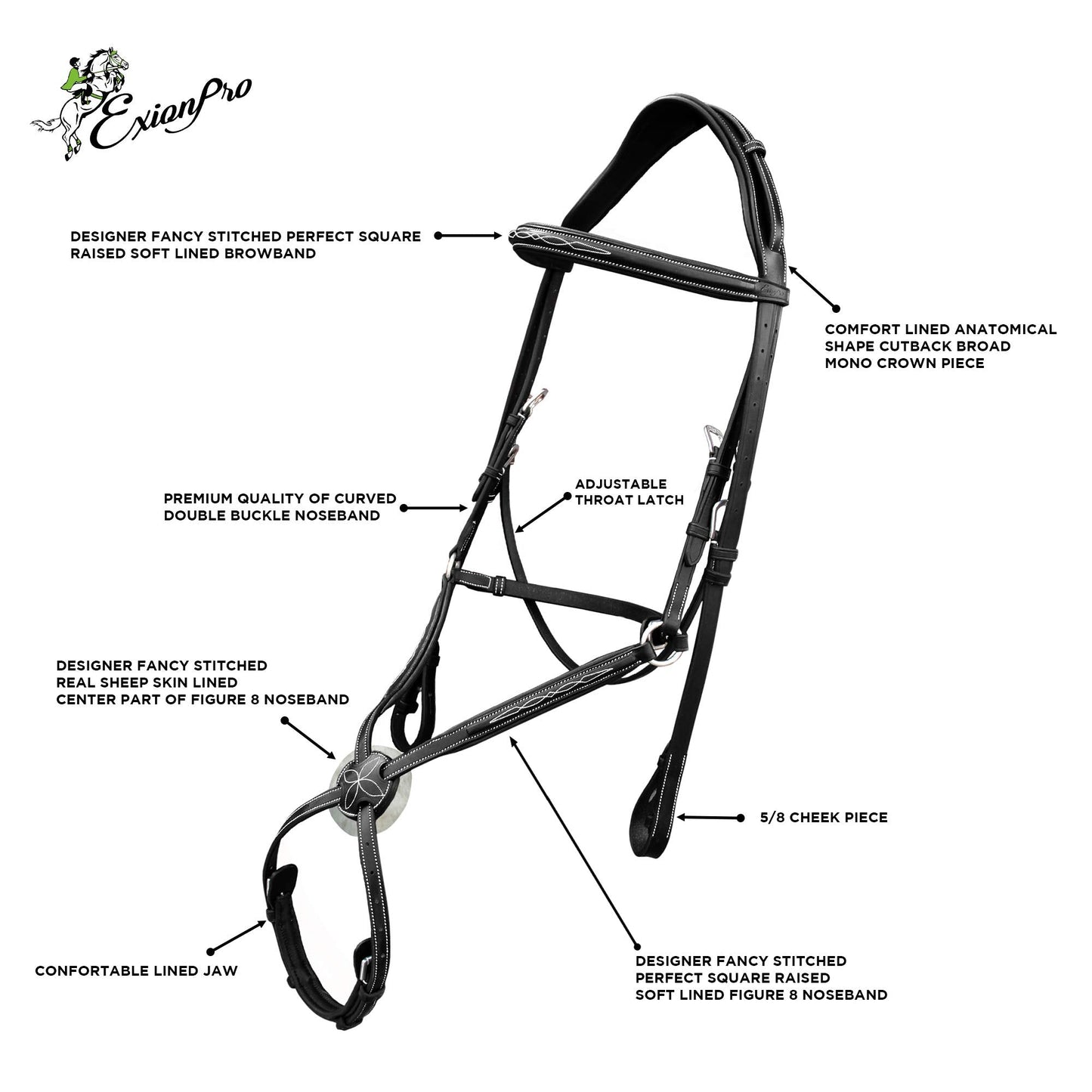 Exion Comfort Lined Anatomic Shape Mono Crown Piece Designer Fancy Stitched Perfect Square Raised Double Buckle Adjustable Figure 8 Noseband Jumping Bridle with Rubber Reins | Royal English Bridle