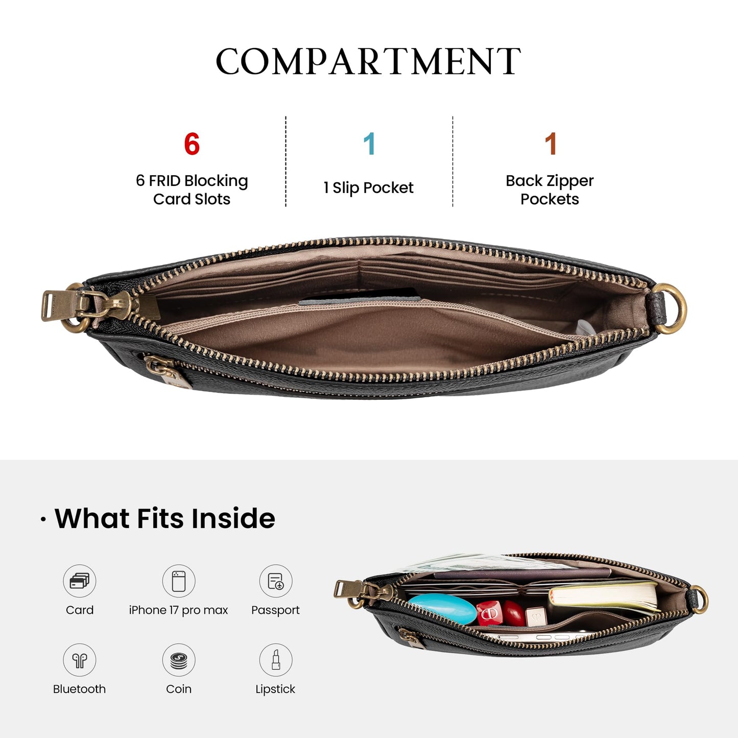 befen Genuine Leather Wristlet Wallets for Women, Black Cell Phone Purse with Built in Wallet Soft Real Leather Crossbody Bag with RFID Blocking Small Cluth Purses with Wrist and Crossbody Strap