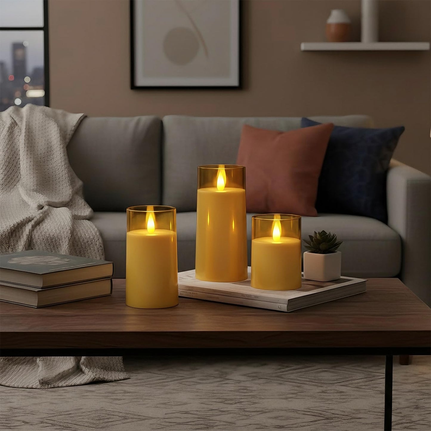 Raycare Flameless Electronic Pillar Candles with Remote Control and Timer- Battery Operated Realistic Flickering LED Fake Candle for Home, Wedding, Valentine's Day Decor, Gold,Set of 3(3"x4"5" 6")