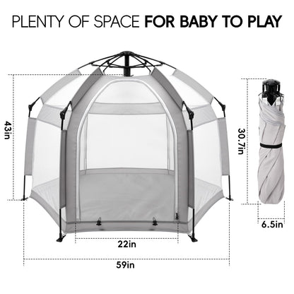 Palopalo Pop Up Baby Playpen with UPF50+ Canopy & Mosquito Net, Indoor & Outdoor Foldable Play Pen for Babies and Toddlers, Portable Baby Beach Tent with Travel Bag, Pop Up Pack and Play Yard, Grey