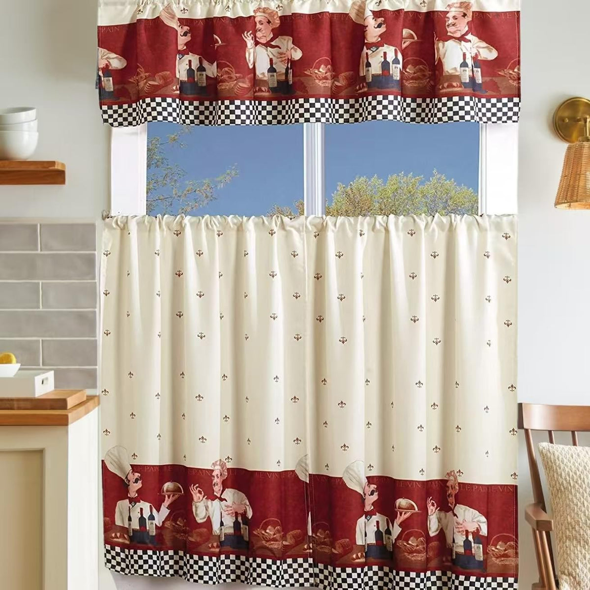 MarCielo 3 Piece Printed Floral Kitchen/Cafe Curtain with Swag and Tier Window Curtain Set, Chef