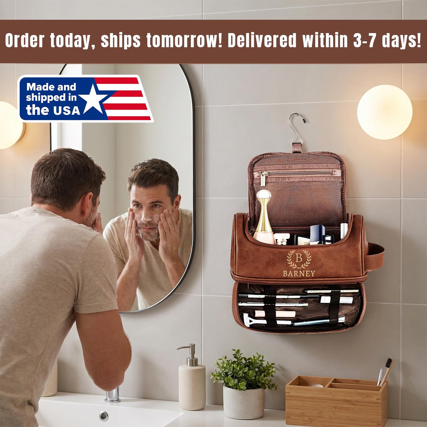 Personalized Toiletry Bag for Men, Engraved Name & Text, Father's Day Birthday Gifts for Men, Dad, Leather Men's Toiletry Bag for Traveling, Customized Birthday Gifts for Husband, Grandpa, Lover