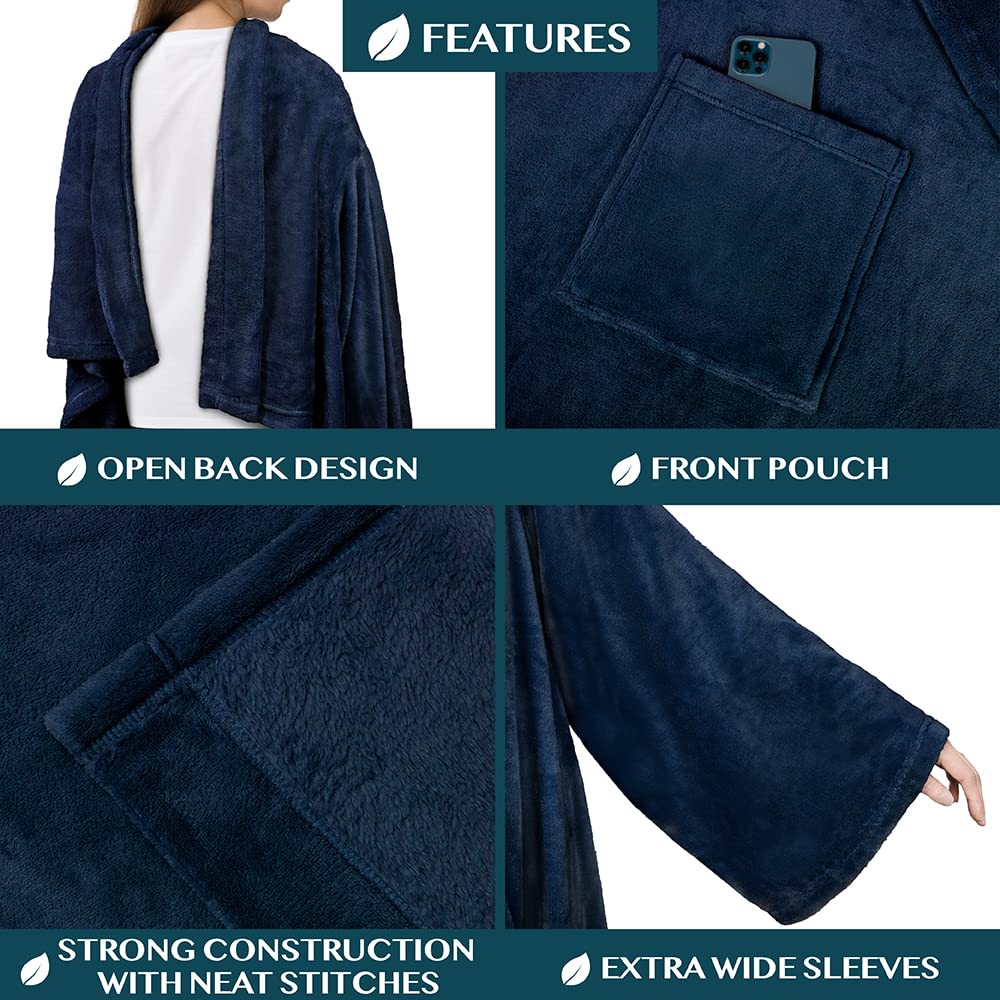 PAVILIA Wearable Blanket with Sleeves for Adult Women Men, Cozy Fleece Warm Wrap Throw Blanket with Arms, Pocket, Gifts for Christmas, Wife, Navy Blue