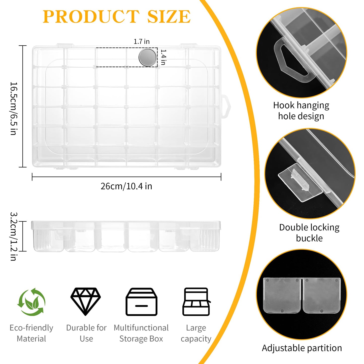 MERATIA 3 Pcs 36 Large Grids Clear Plastic Organizer Box with Adjustable Dividers Craft Organizers Box for Bead,Jewelry,DIY Crafts,Art,Small Items Storage (Clear-3pack-108 Grids)