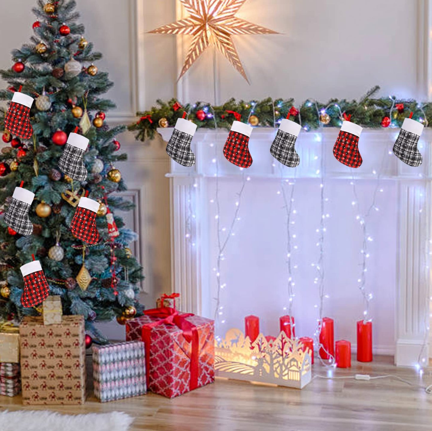 DIYASY Mini Christmas Stockings, 24 Pack Small Buffalo Plaid Stocking Snowflake Red Black Stockings Bulk for Christmas Tree Ornament Decorations Gift Holder（8Inches）