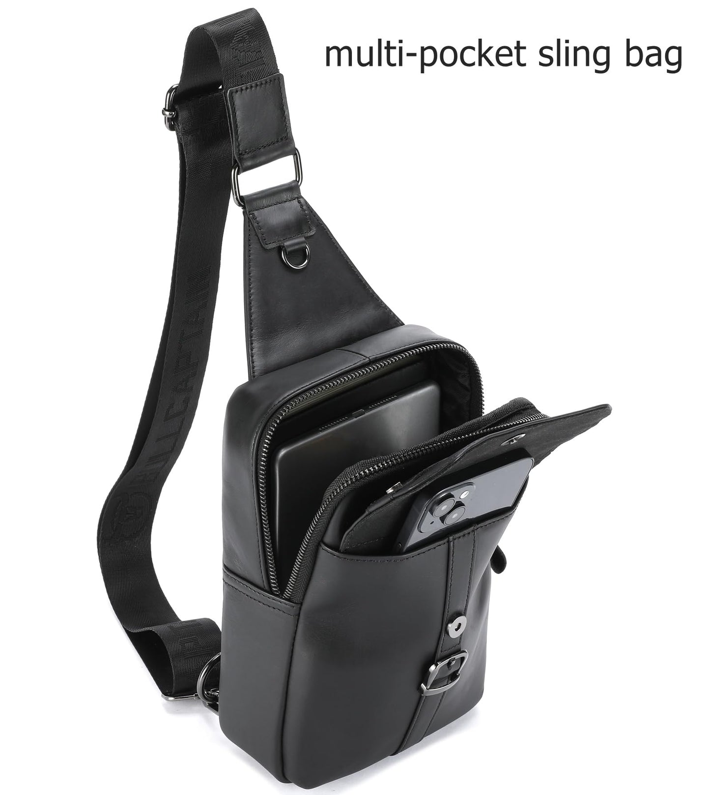 BULLCAPTAIN Men's Leather Samll Crossbody Backpack Sling Chest Bag for Hiking Travel (Black)