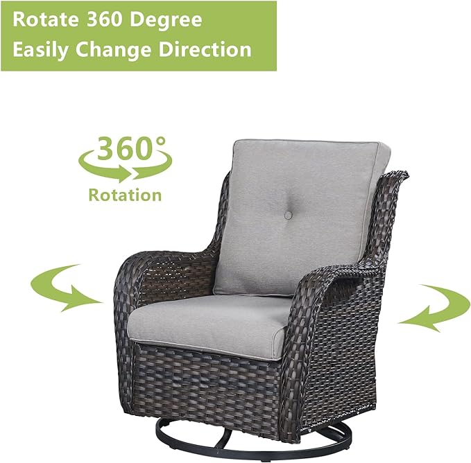 Rilyson Wicker Rocking Chair Swivel Chairs – 6 Piece Rocker Patio Furniture Set Rattan Rocking Bistro Sets with Glass Top Side Table for Outdoor Porch Deck Garden Backyard(Brown/Grey)