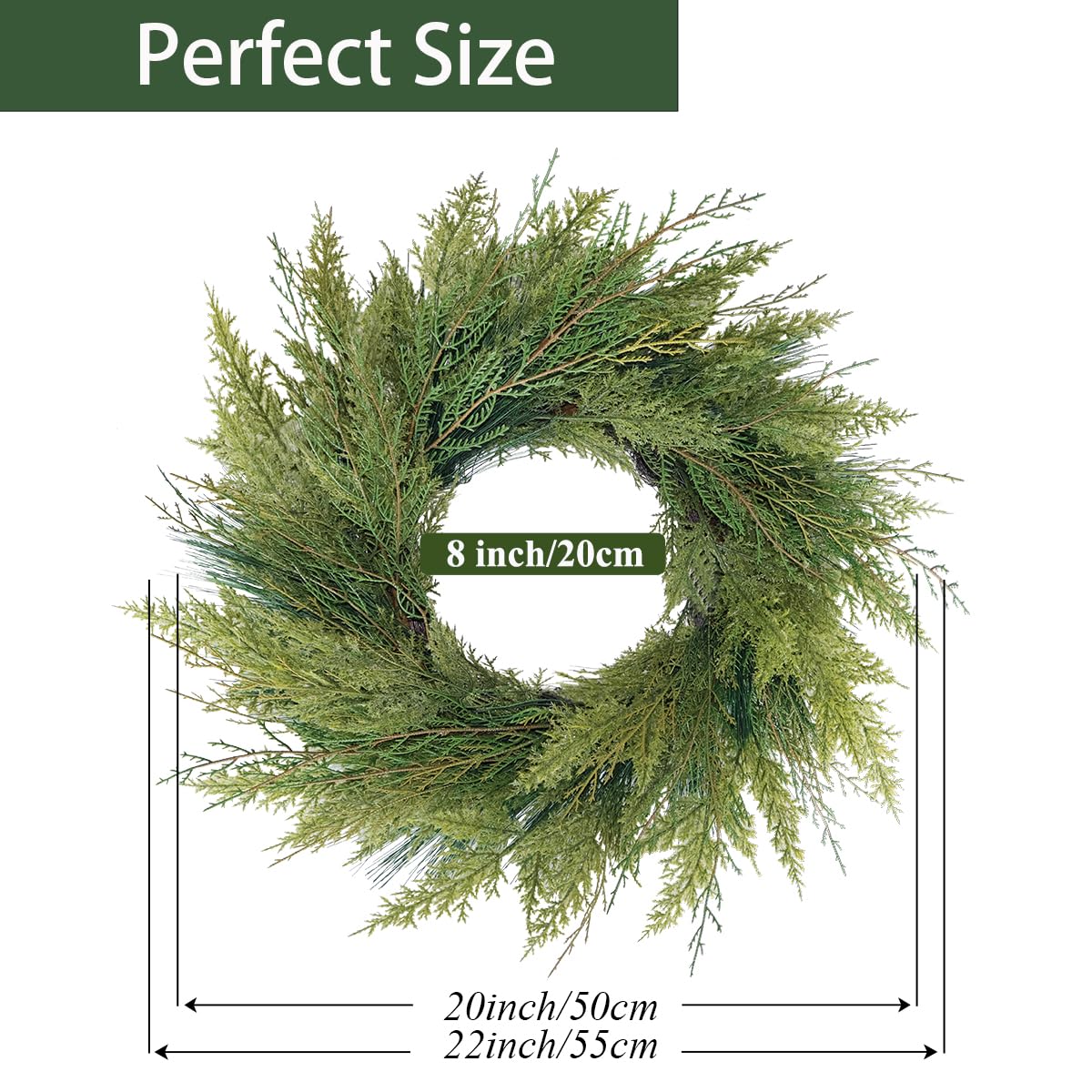 BINFEN 20” Green Faux Norfolk Pine Christmas Winter Wreath – Mixed with Real Touch Fake Cypress, Cedar & Spruce, Xmas Wreaths for Front Door Porch Mantel & Fireplace