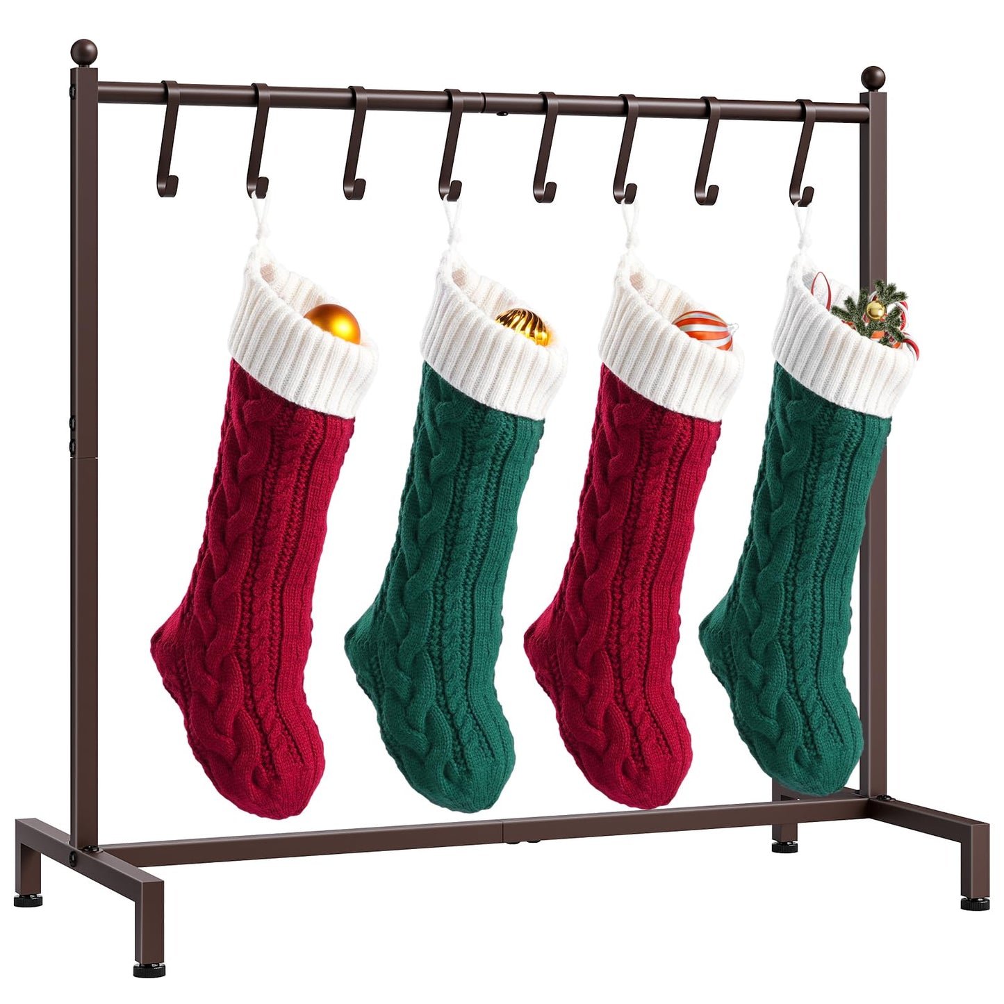 ELYKEN Christmas Stocking Holder, Free Standing Stocking Rack with 8 Removable Hooks, Small Stocking Stand, Heavy Duty Metal Tubes with Stable Base and Adjustable Feet, Bronze