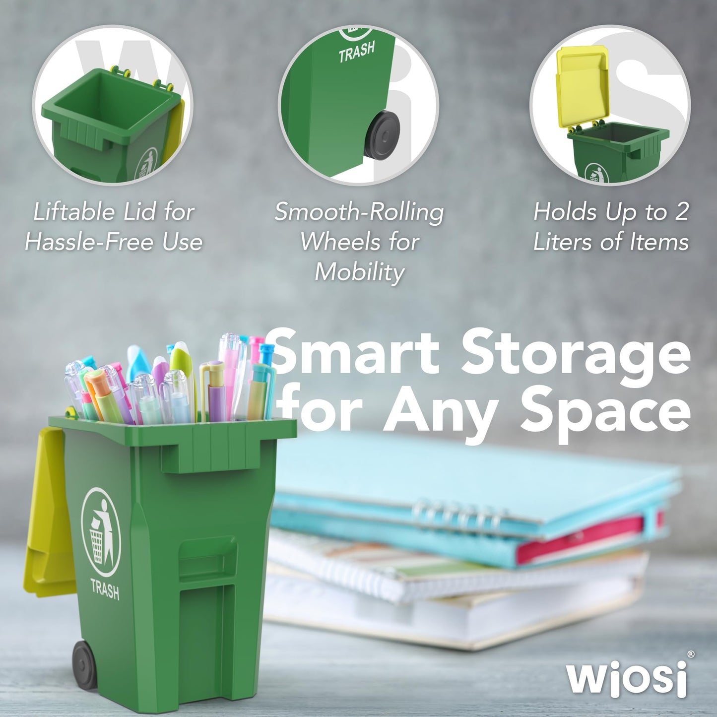 Wiosi Mini Garbage Trash Pen Holder for Desk, Pack of 2, Blue & Green, Tiny Recycle Bin Pencil Holder | Storage for Pencils & Pens | Office Stationery to Organize the Desk | Ideal for Student Work