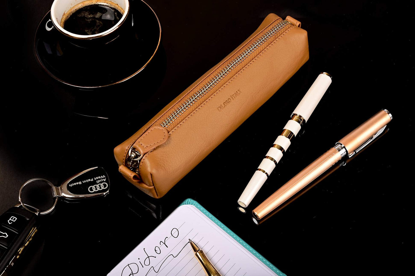DiLoro Leather Zippered Fountain Ballpoint Rollerball Pens and Pencils Case Holder Pouch Genuine Full Grain Soft Nappa Leather (Tan)