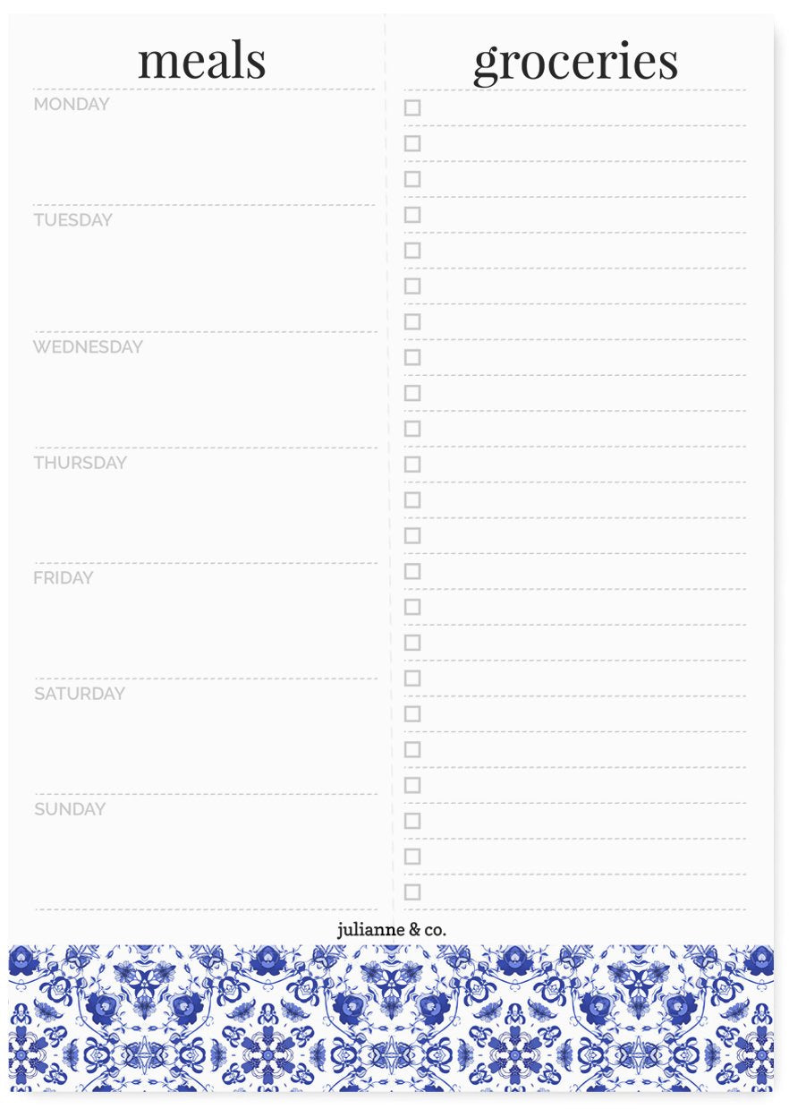 Weekly Magnetic Meal Planner Notepad By Julianne & Co - Food Planning Organizer And Grocery List Pad, 52 Premium A5 Pages, with Tear Away Perforated Shopping List (Blue China Print WITH Fridge Magnet)