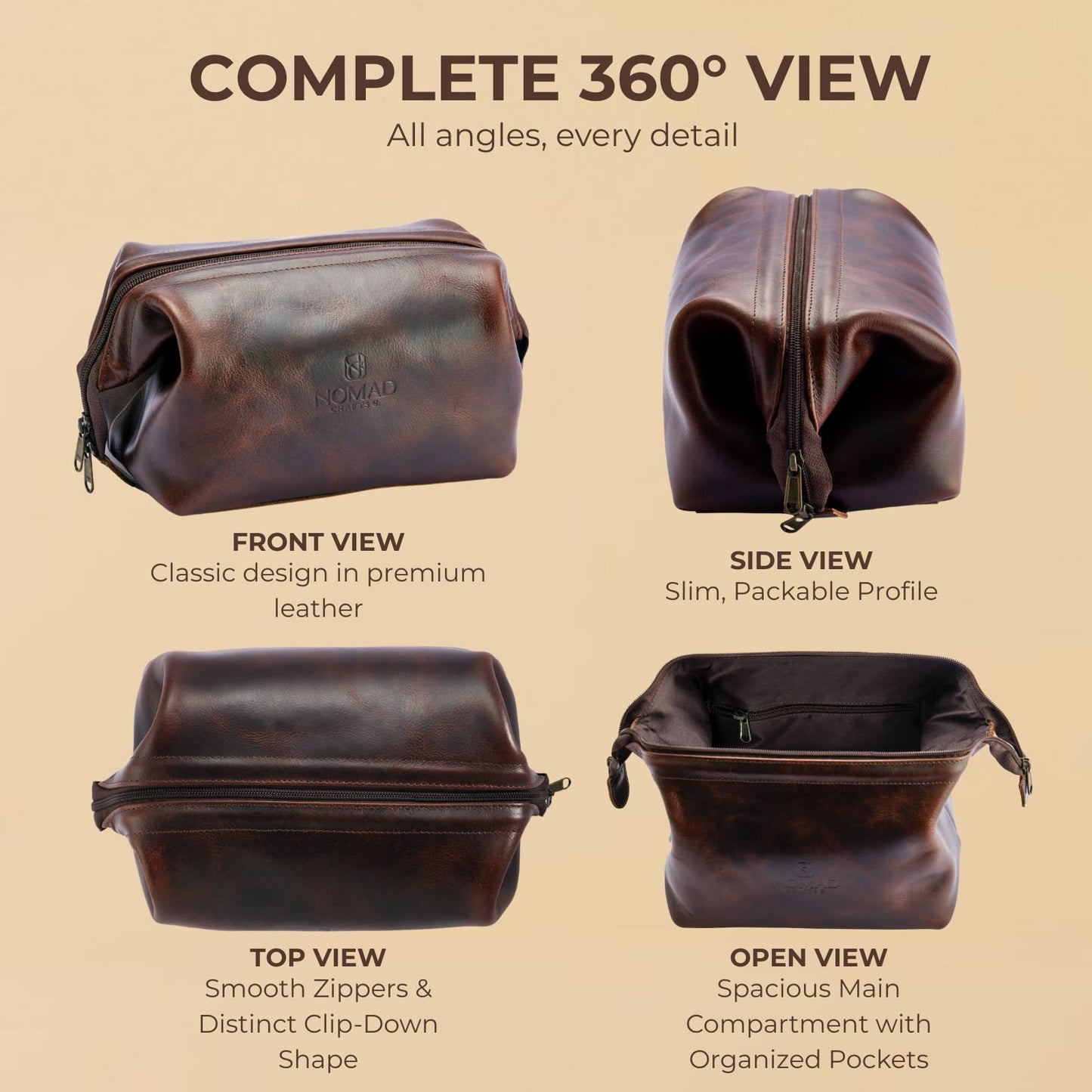 NomadCraftsCo. Premium Leather Travel Toiletry Bag for Men and Women, King-Size Dopp Kit with Waterproof Lining, Mens Toiletry Travel Bag