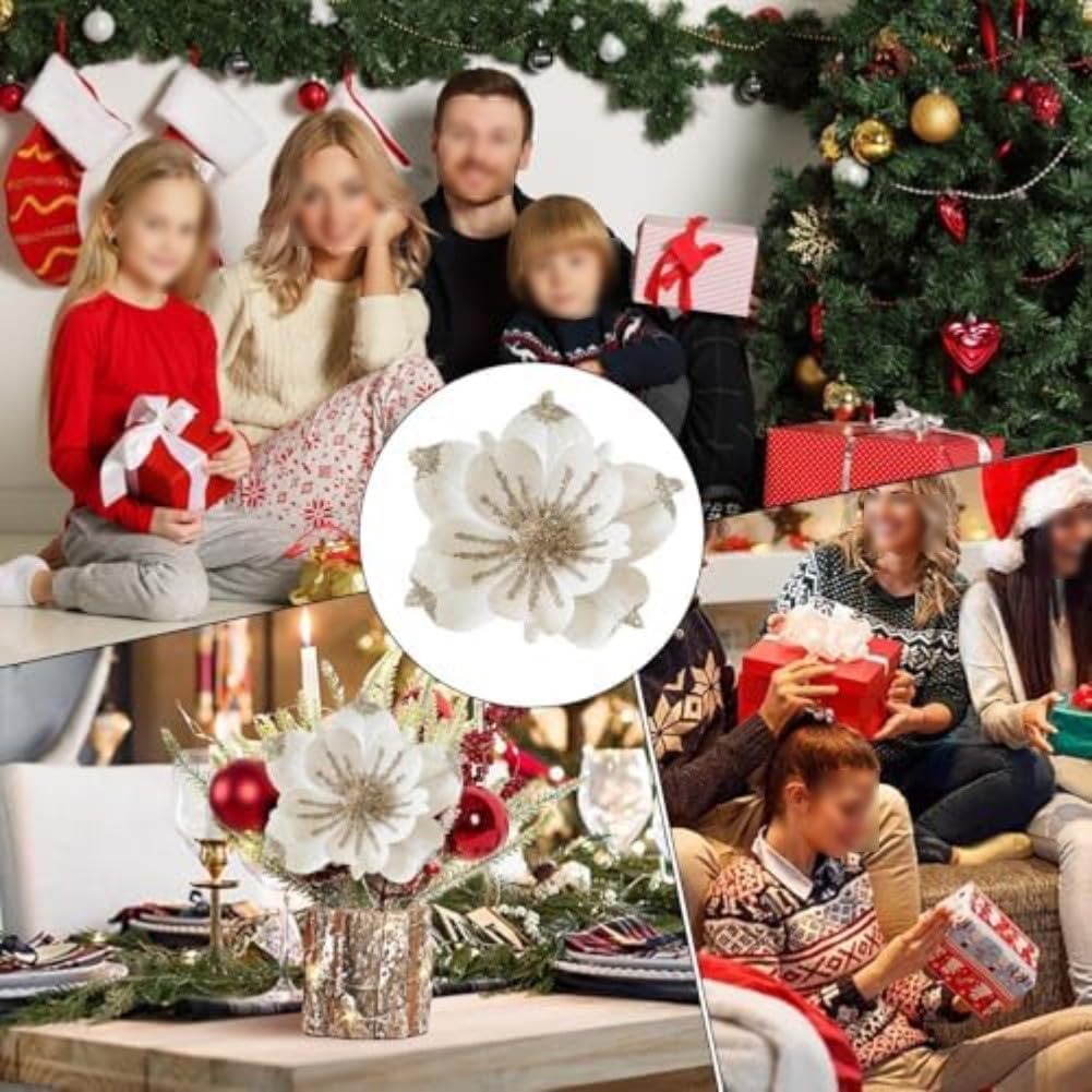 Christmas Tree Magnolia Picks with Artificial Magnolia Flowers, Fabric Ornaments to Create Festive Holiday Decor (Red)