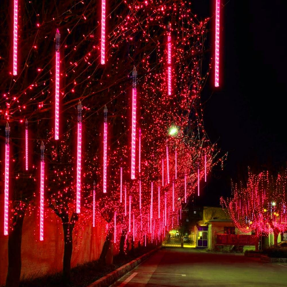 Aukora Red Led Halloween Lights Outdoor, Christmas Lights Outside, 8 Tube Snow Falling Rain Icicle String Light for Xmas Tree Party Thanksgiving Day Garden Camp Wedding Decorations, UL Plug