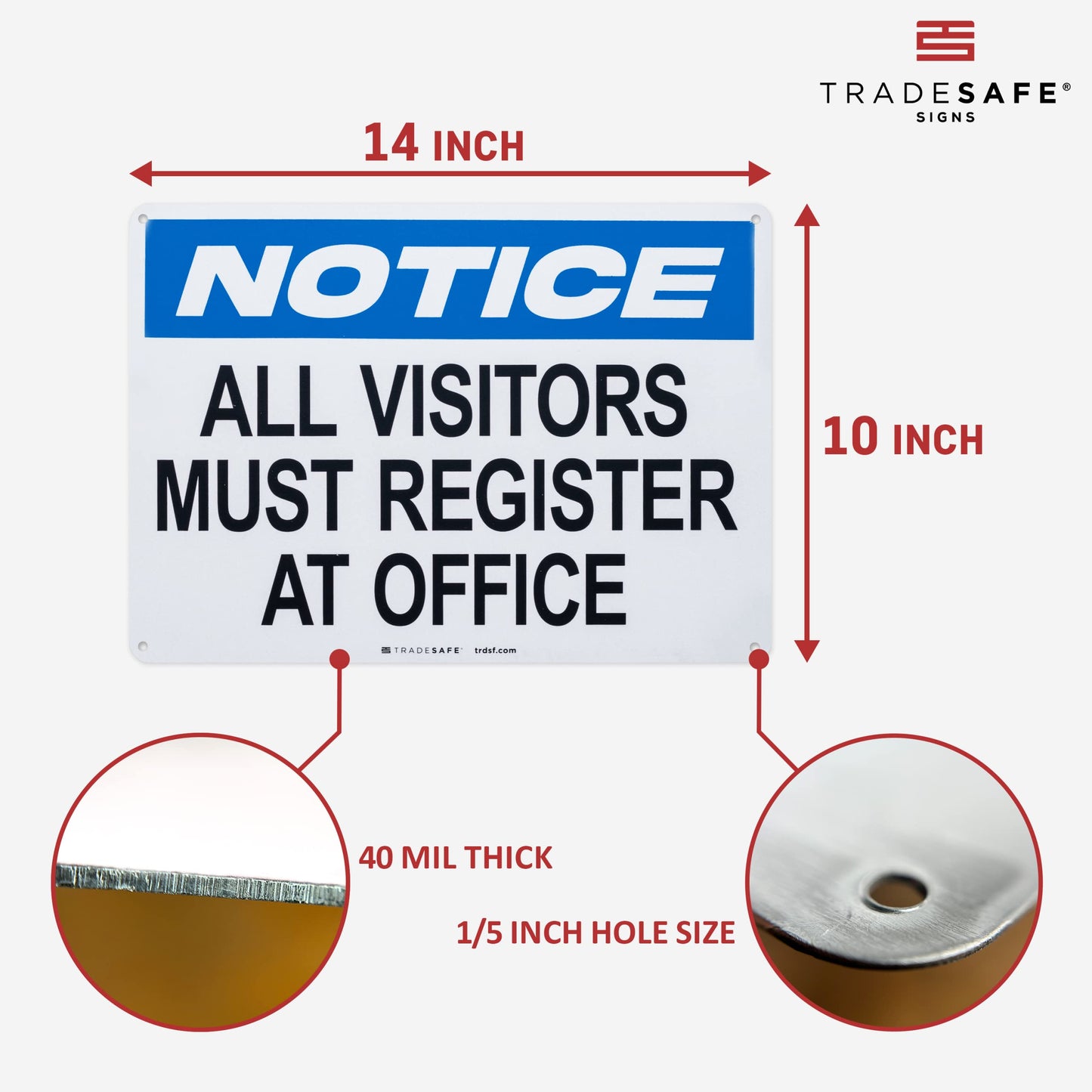 TRADESAFE All Visitors Must Register At Office - Aluminum Safety Sign, Quick Install Signs for Business, Light Reflective, UV-Resistant 14” X 10” Visitor Sign In Metal Signs