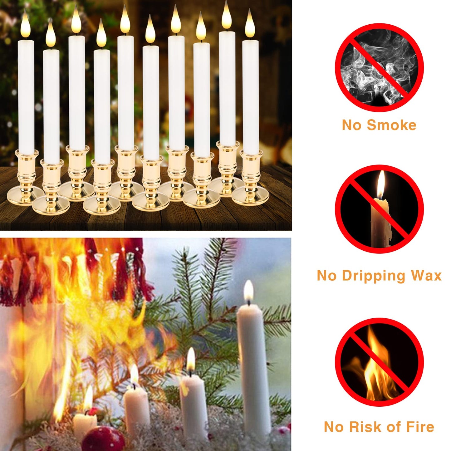Bociks Flameless Window Candles with Remote Timer 10 PCS Battery Operated LED Flickering Taper Candle Lights with Removable Gold Candle Holders Best Gift for Xmas Wedding Home Dinner Decor