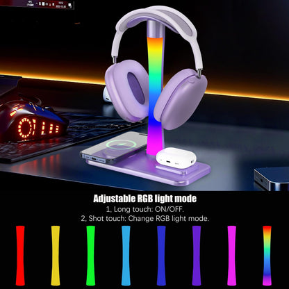 Headphone Stand with Wireless Charger,Gaming Headset stand with RGB Light,For Airpod Max Stand Compatible with Airpod Pro/3/2,For iPhone 17/16/15/14/13/12/11,Gifts for Gamers & Music Lover (Purple)