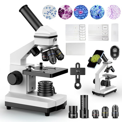 PalliPartners Compound Microscope for Adults & Kids - 100X-2000X High-Power Biological Microscope for Students, School Lab & Home Education, with Slides Set & Phone Adapter (White)