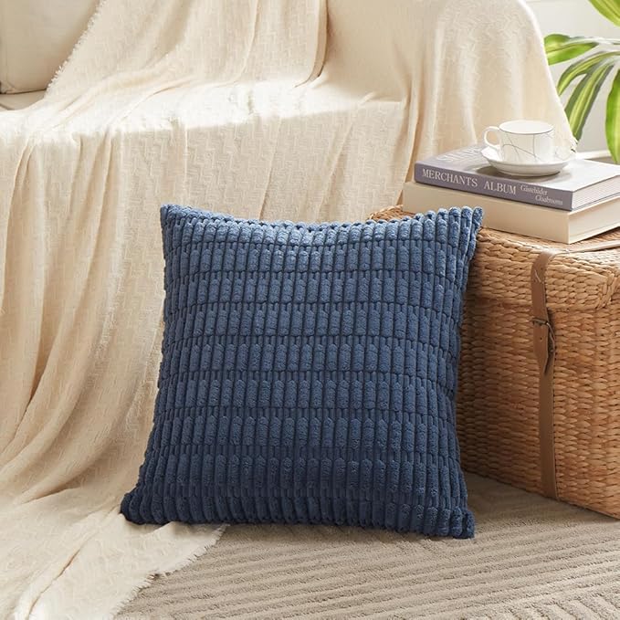 Fancy Homi Dusty Blue Decorative Throw Pillow Covers 20x20 Inch for Living Room Couch Bed Sofa, Rustic Farmhouse Boho Home Decor, Soft Striped Corduroy Square Cushion Case 50x50 cm