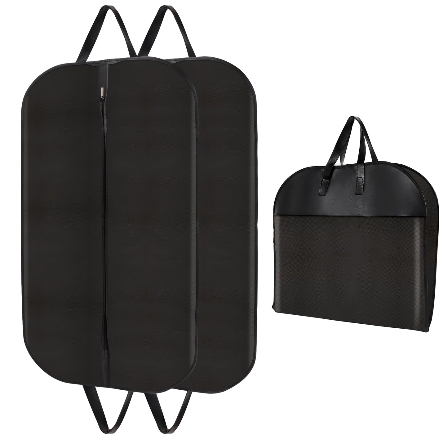 Garment Bags (2 Pack) - 40 Inch Premium PU Leather & Fabric Hanging Clothes Storage for Travel/Closet - Wrinkle-Free Suit Cover with Zipper & Handle for Shirts, Jackets, Coats, Dresses, Polo