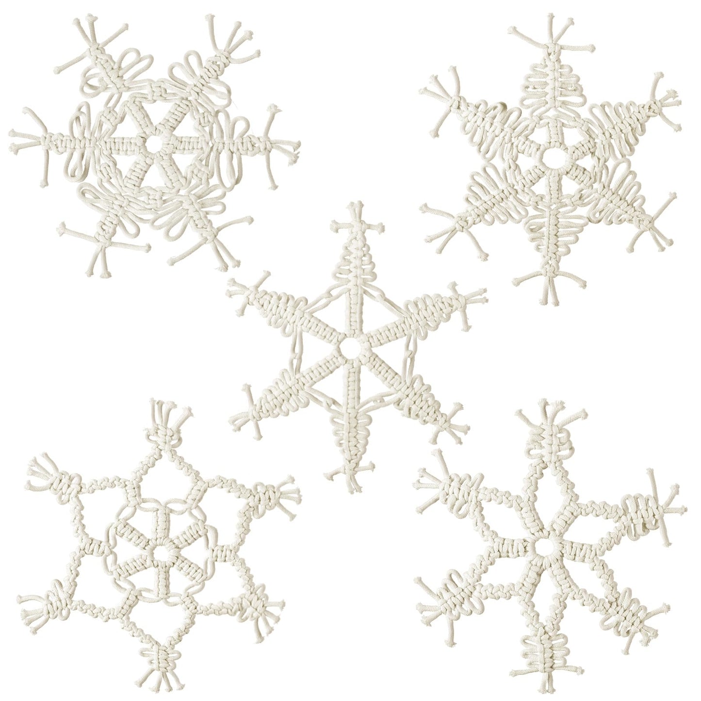 RattanView 5 Pcs Large Winter Macrame Snowflake Wall Decor - 11.8 Inch White Handmade Woven Wall Art Hanging Ornaments for Home Window Winter Party Decorations