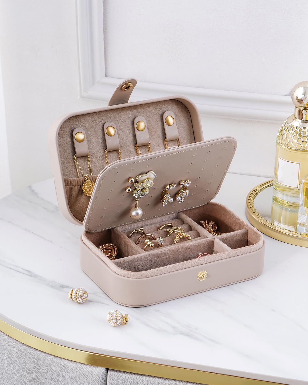 BIQI MUSSE Jewelry Travel Case, Portable Travel Jewelry Box for Women, PU Leather, Snap Closure, Jewelry Holder Organizer Travel Essentials, Light Taupe
