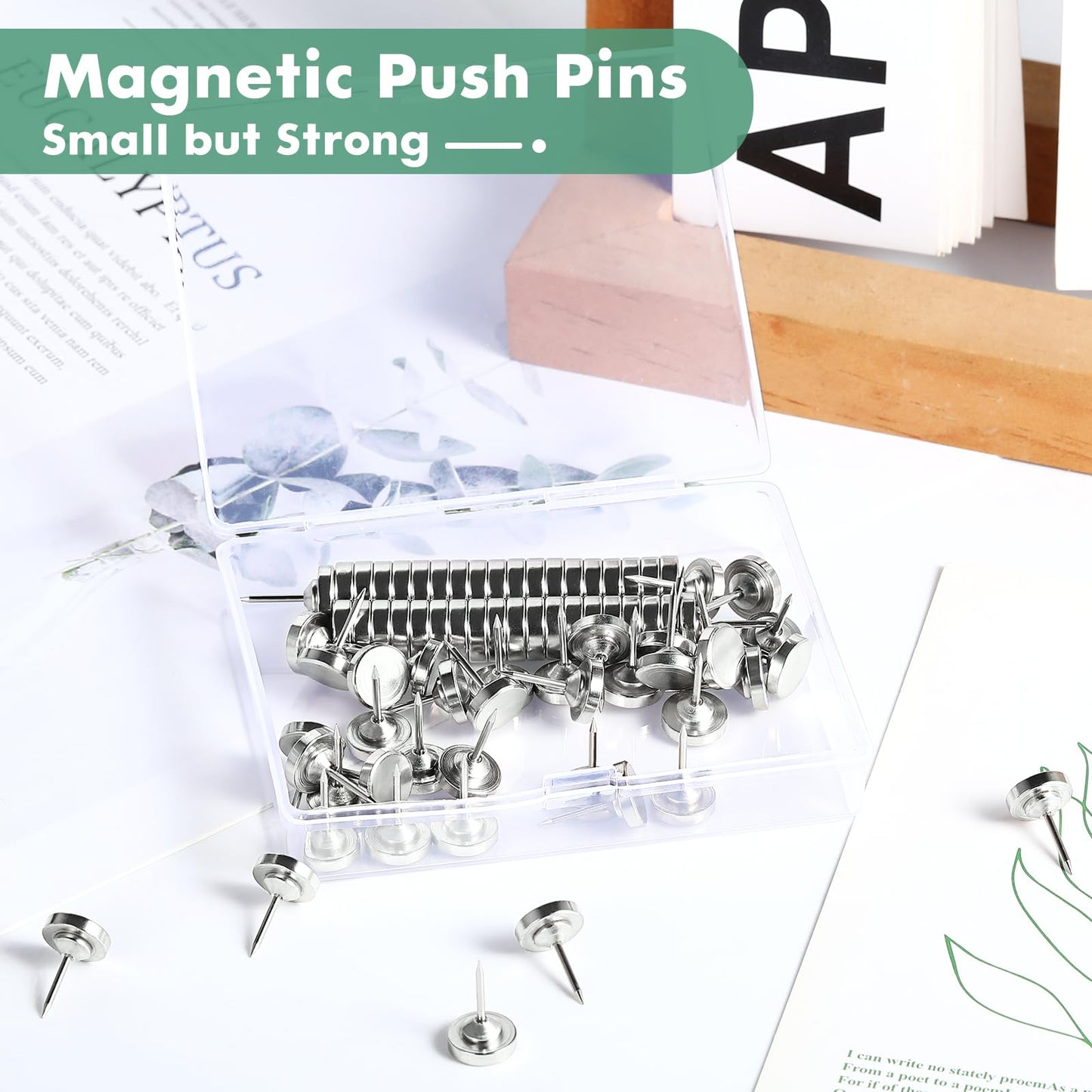 GOOLADA 30 Sets Magnetic Tacks, Silver Magnetic Push Pins, Flat Thumbtacks for Hanging, Poster Hanger, Silver Push Pins for Bulletin Board Cork Board Cubicle Wall
