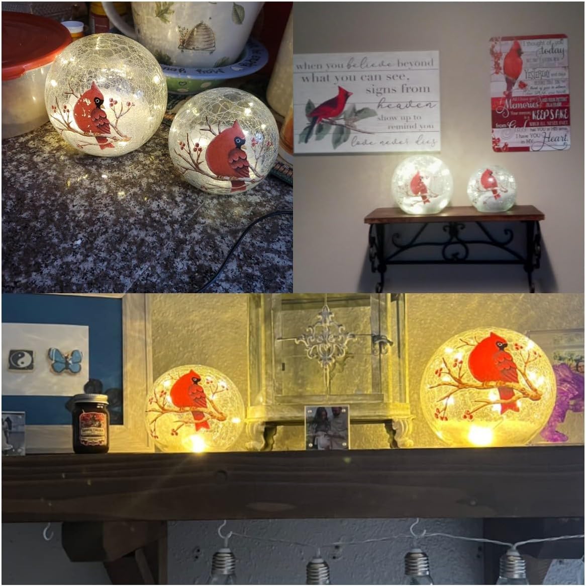 Crackle Glass Ball Cardinal Lamp with Timer, Light Up Red Cardinal Stained Glass Christmas Decor Accent Lamp, Lighted Red Bird Globe Glass Table Lamp, Orb Cardinal Night Light 2 Pack (6in & 5 in)