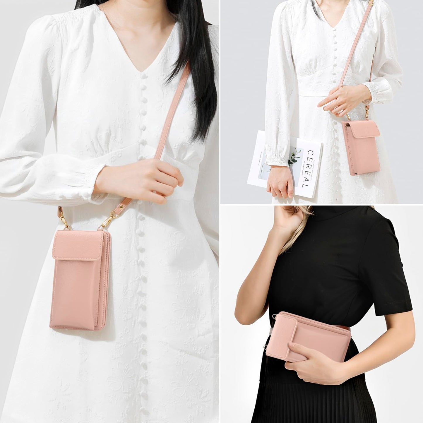 DOB SECHS Leather Passport Wallet Crossbody Phone Bag, RFID Blocking Passport Holder Credit Cards Case for Women, Travel Accessories Organizer Neck Wallet Pouch Bag with Adjustable Strap, Pink