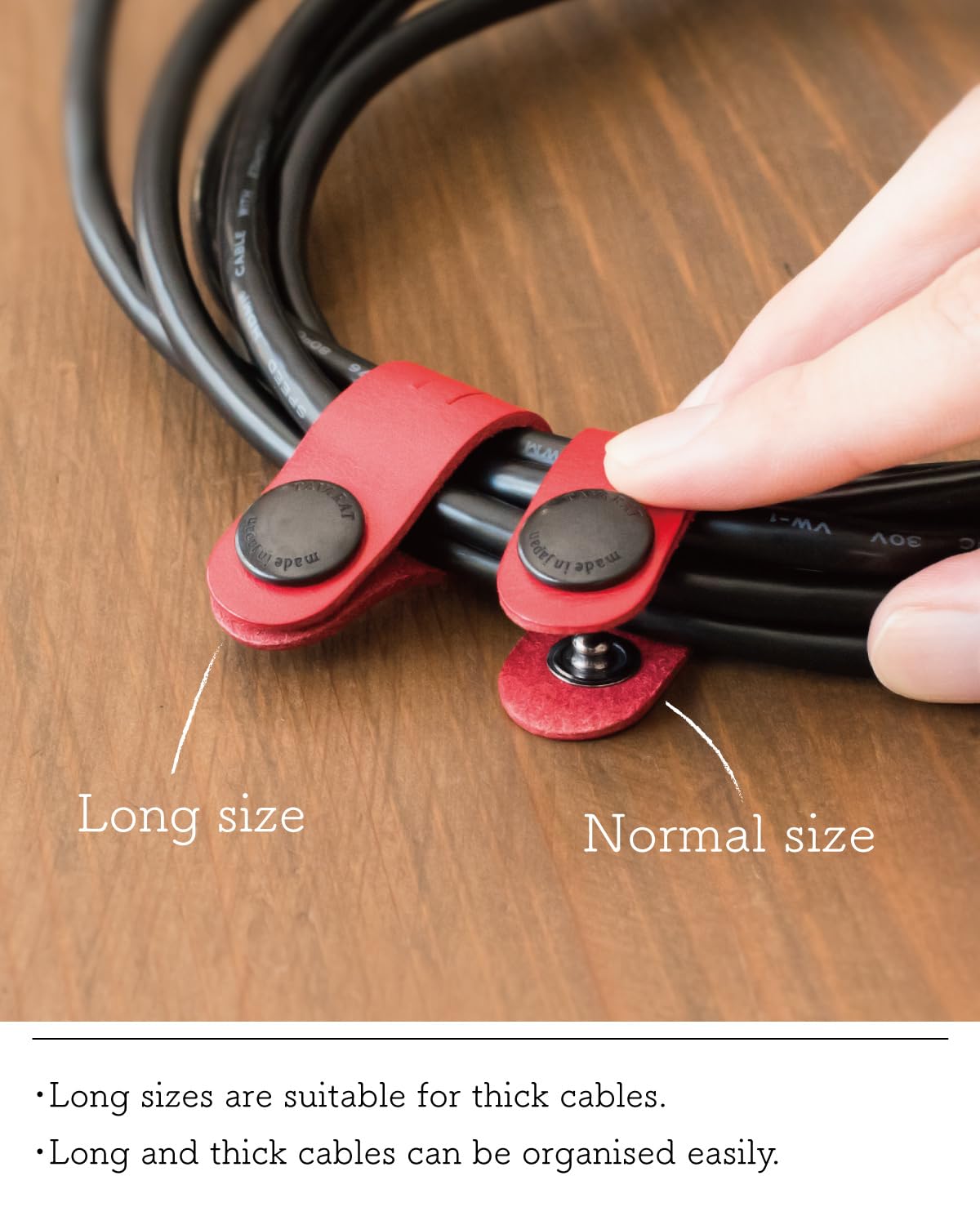TAVARAT Cord Organizer, Long size, Cable Organizer, Charger Organizer, made in Japan, Genuine Leather, Cable Straps, (Long size, Red, set of 3)