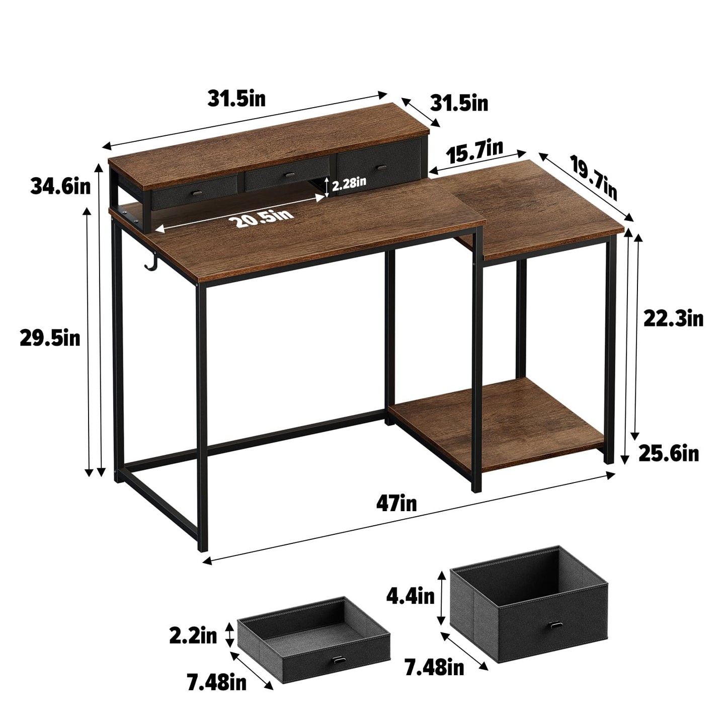SINPAID 47 inch Computer Desk with Printer Shelf, Gaming Desk with Monitor Stand and Drawers, Reversible Home Office Desk with Storage Shelves and 2 Hooks, Home Workstation for Study Writing, Walnut