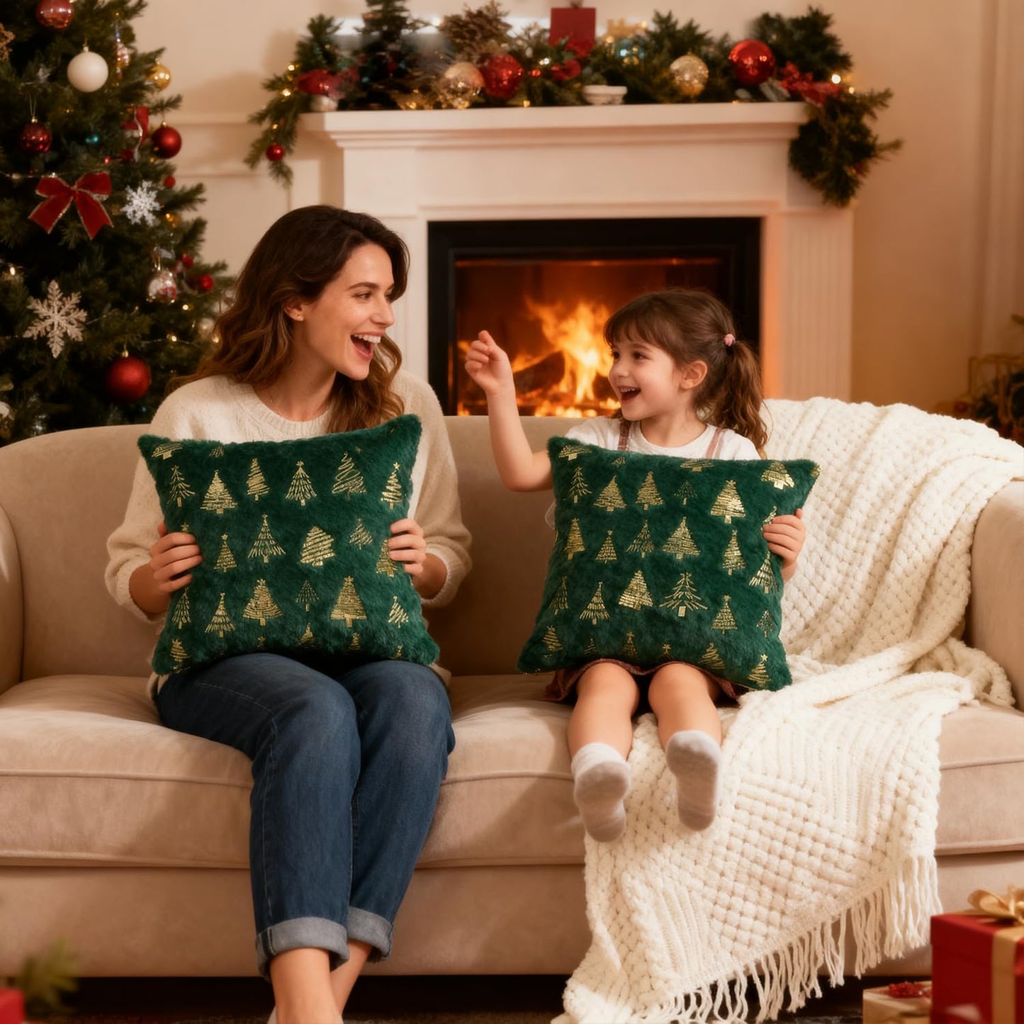 Artmag Christmas Tree Throw Pillow Covers 20x20 inch Set of 2, Decorative Golden Tree Pillow Covers Cushion Case Holiday Decoration for Home Couch Sofa