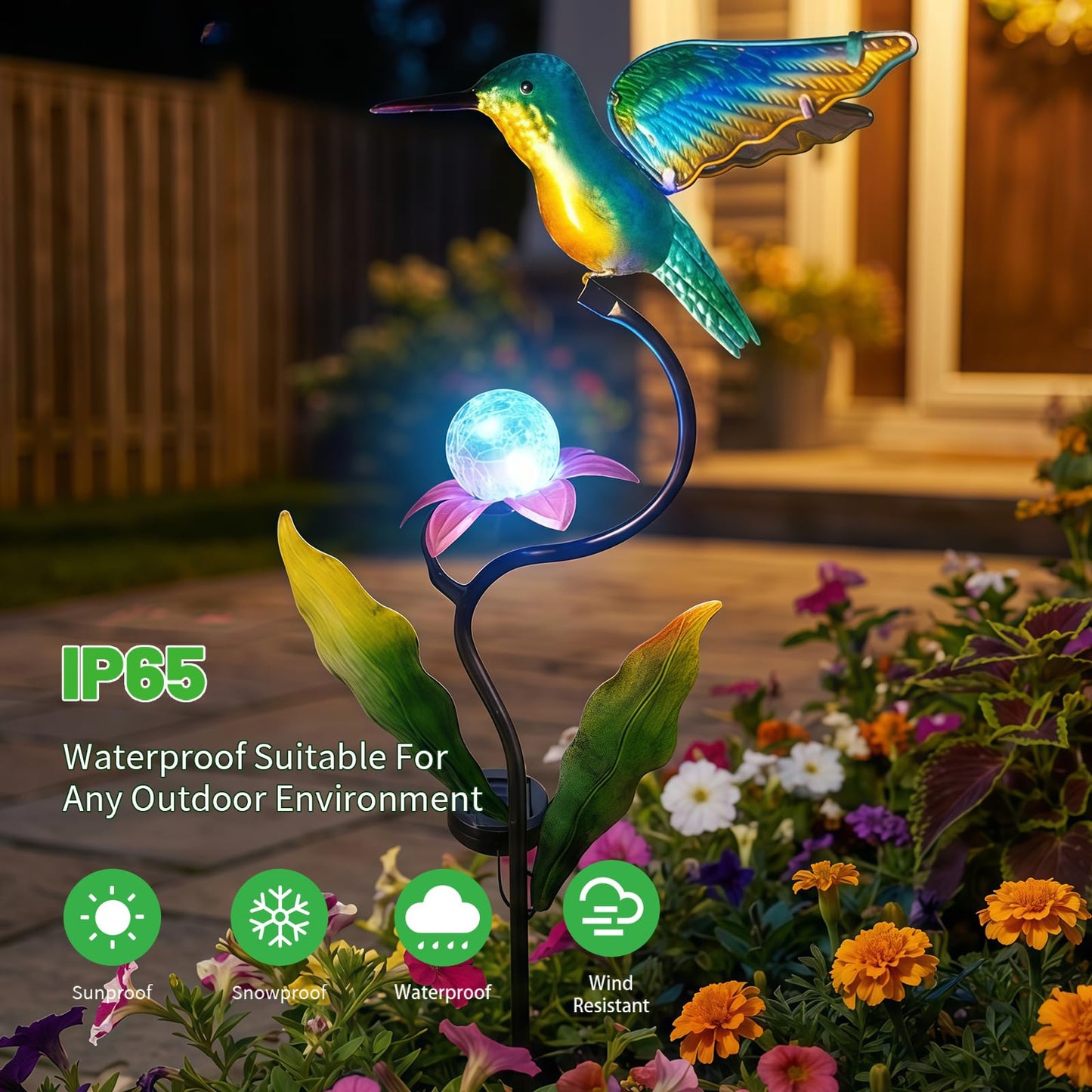 HONGLAND 46 Inch Solar Hummingbird Lights, Solar Garden Decor with Cracked Glass Ball, Hummingbird Decorative Garden Stakes Outdoor Waterproof for Lawn Patio Yard Porch, Gifts for Mom