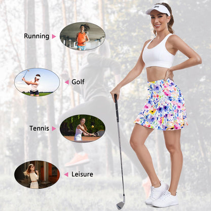 WOWENY Women's Athletic Tennis Skorts Summer Skirts for Women Running Golf Pickleball Skort Active Wear with Pockets(Multicolor Flower,M)