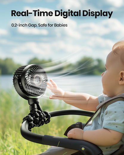 SHEWIND Stroller fan, 4000mAh Portable Battery Operated Smal Clip on Fan, 4 Speed Rechargeable Mini Personal Cooling, Travel for Baby Car Seat Crib (Black)