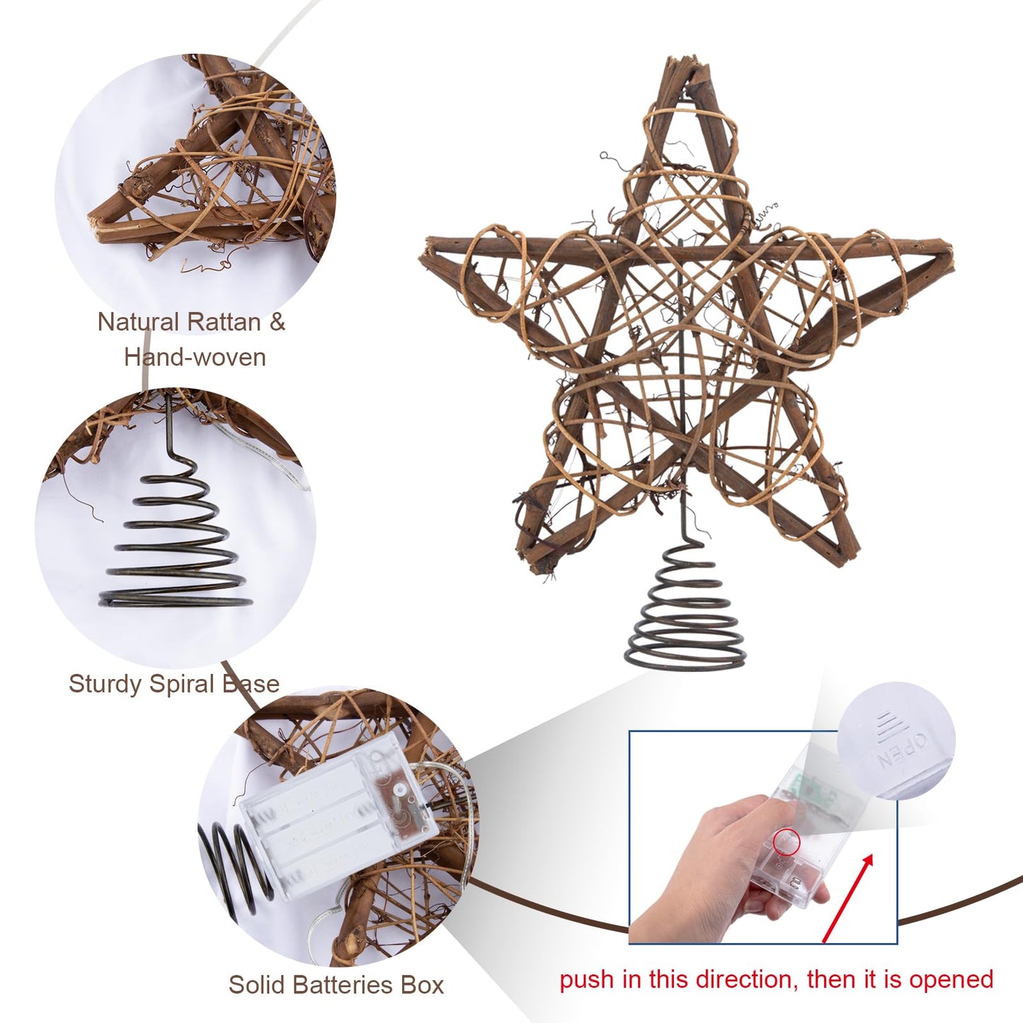 Christmas Tree Topper Farmhouse Christmas Decor Christmas Tree Decorations Rattan Natural Christmas Tree Star with 10 Warm LED Lights for Rustic Christmas Ornaments Holiday Seasonal Decoration 10 Inch