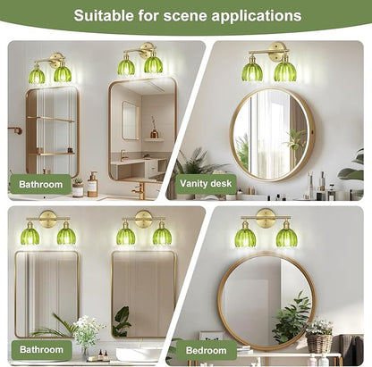 Vintage Bathroom Light Fixtures,2-Light Hardwired Vanity Lights Over Mirror,Gold Wall Sconces with Green Tulip Glass Shade for Bathroom Living Room,E26 Socket(Bulbs Not Included)