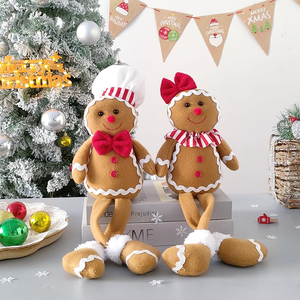 BALONAR 15Inch Large Size Christmas Plush Gingerbread Man Boy Girl Figures with Chef Hat Bowknot Christmas Ornament Home Decorations Doll Soft Door Window Table Tree Holiday Xmas Season Decor