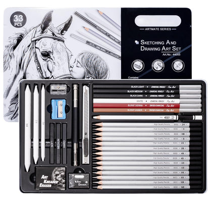 Ouksma Drawing Sketching Pencil Set, 33 PCS Graphite and Charcoal Pencils with Blending Stumps, Erasers, Art Knife & Pencil Extender in Metal Box, Artist Sketching Supplies for Drawing & Shading