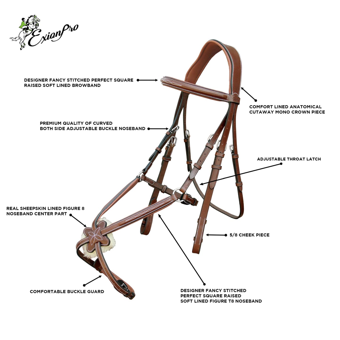 ExionPro Comfortable Broad Free Ear Anatomic Shape Mono Crown Piece Fancy Stitched Figure 8 Padded Noseband English Bridle & Rubber Reins (Conker, Vegetable Tanned Leather - Over Size)