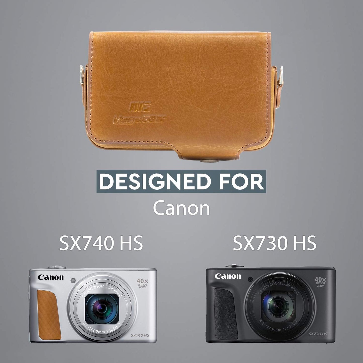 MegaGear Leather Camera Case with Strap Compatible with Canon PowerShot SX740 HS, SX730 HS, Light Brown
