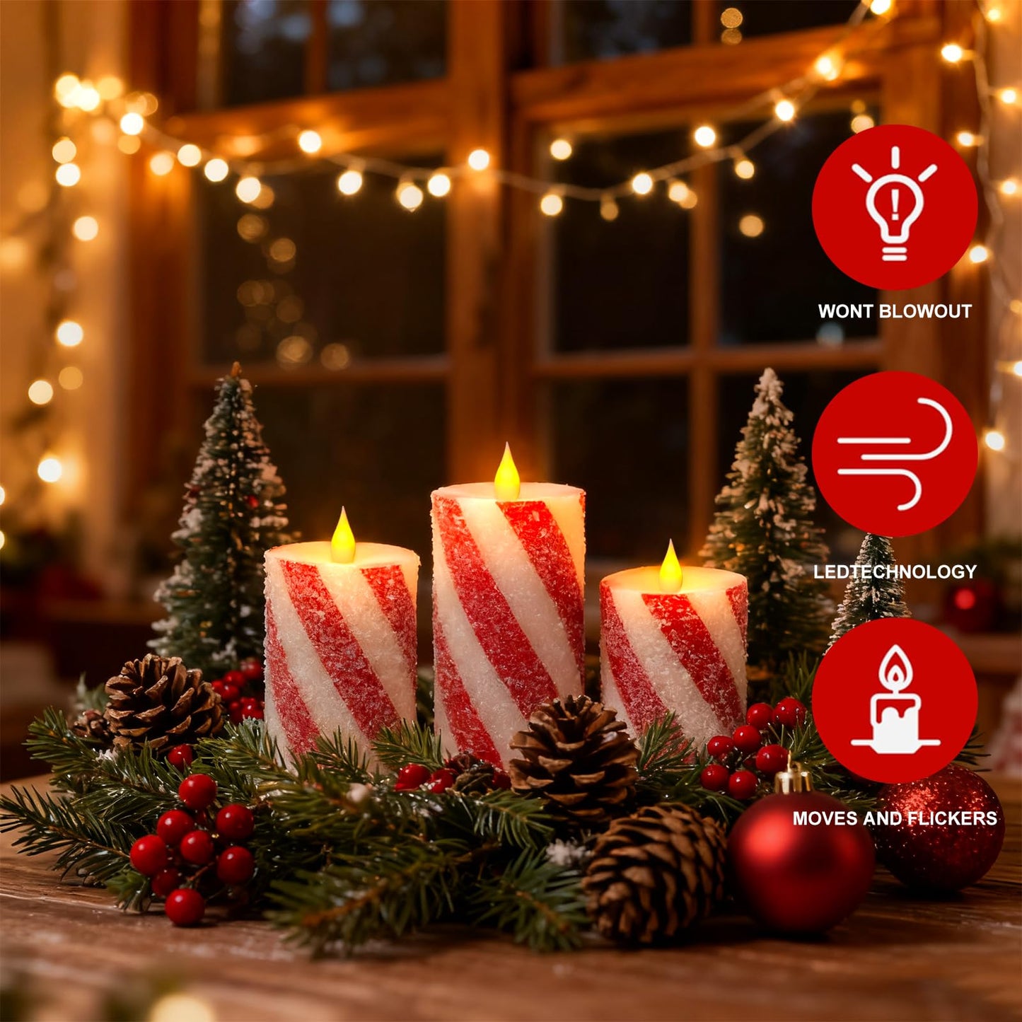 Christmas Pillar Flameless Candles Decor - Red and White Candy Cane Stripe LED Battery Operated Flickering Candles with Timer Remote Control Xmas Party Wedding Home Table Decoration