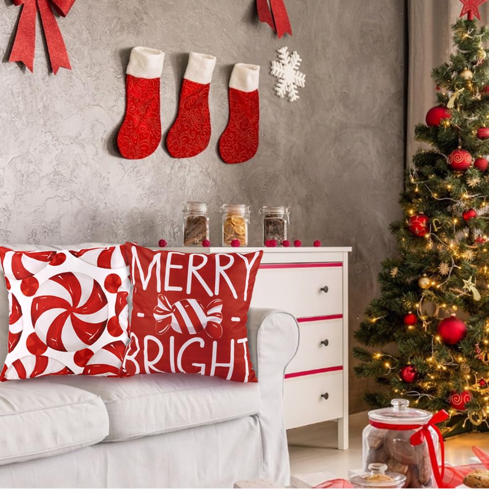 Heirloom Haven 4pcs Christmas Pillow Covers Decoration,18x18in Red Candy Pillow Case Merry Bright Holly Throw Pillow Covers Cushion Cases for Winter Holiday Seasonal Farmhouse Couch Sofa Home Decor